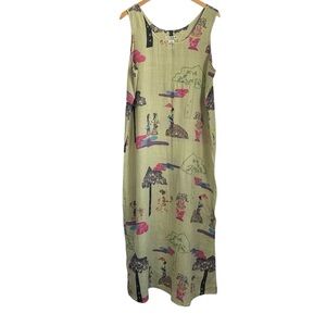 Vtg Citron Santa Monica Linen Embroidered Asian Print Maxi Dress XL Sleeveless